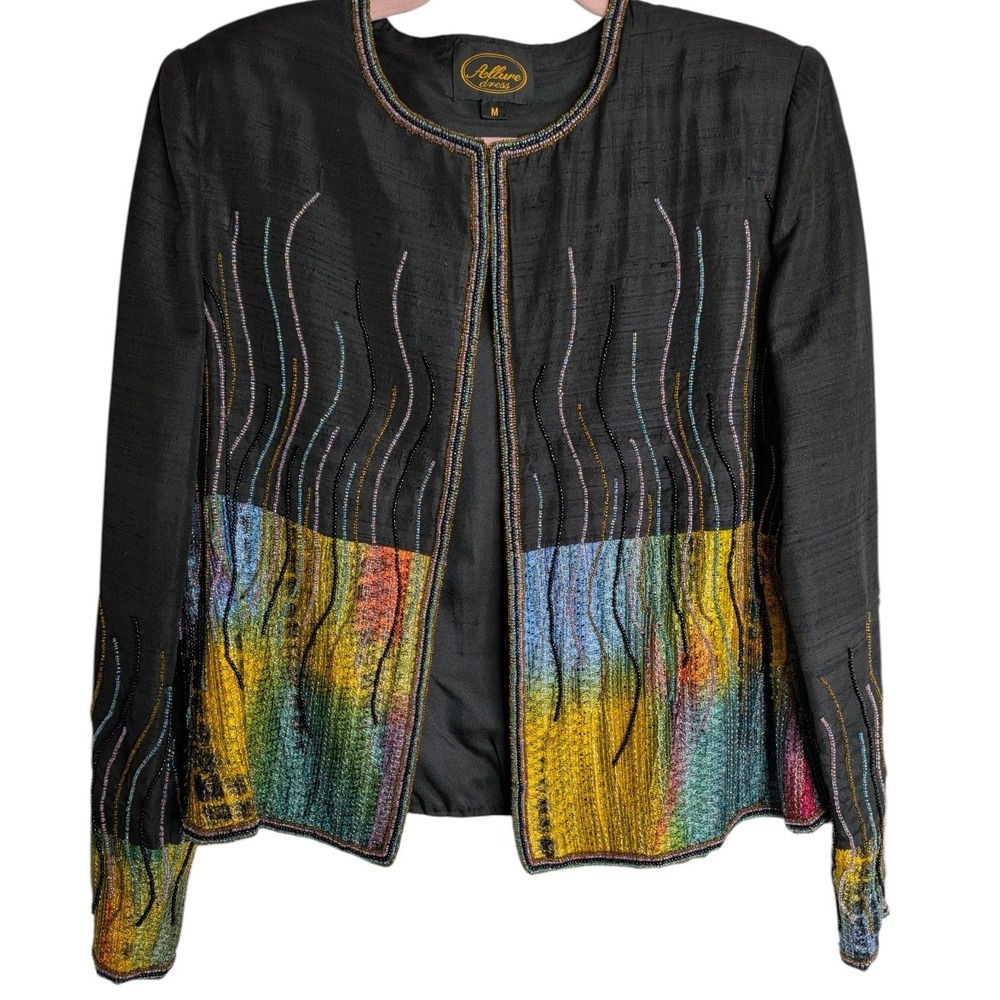 Womens‎ Silk Beaded Wearable Art Abstract Open Front Evening Jacket Vintage Med